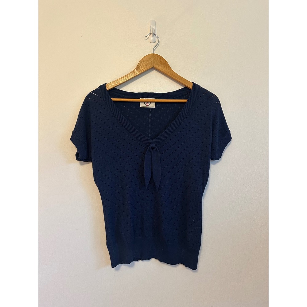 Banned Apparel Dancing Days Navy Blue Pointelle V-Neck Tie Knit Top | Size XL